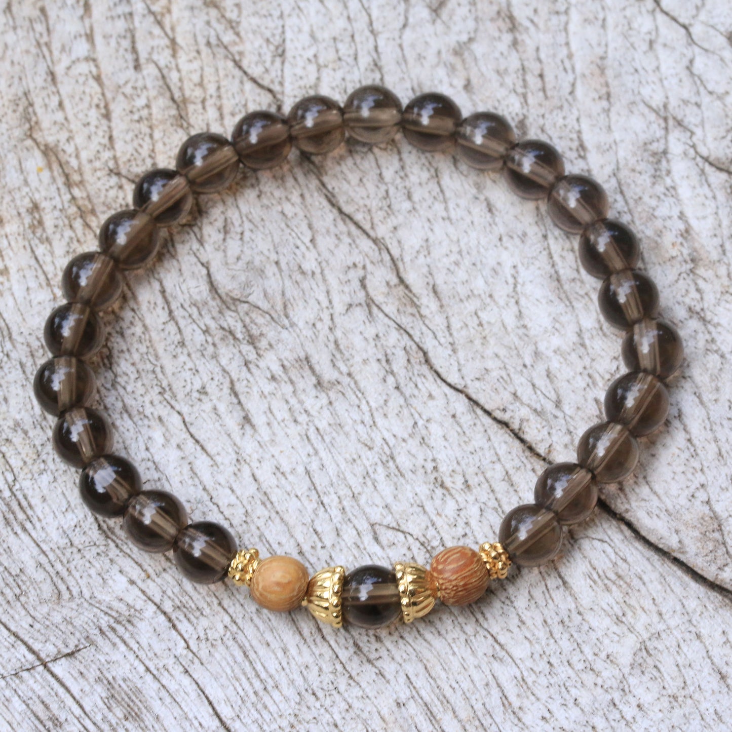 Batuan Tune Smoky Quartz Beaded Stretch Bracelet with Wood Accents