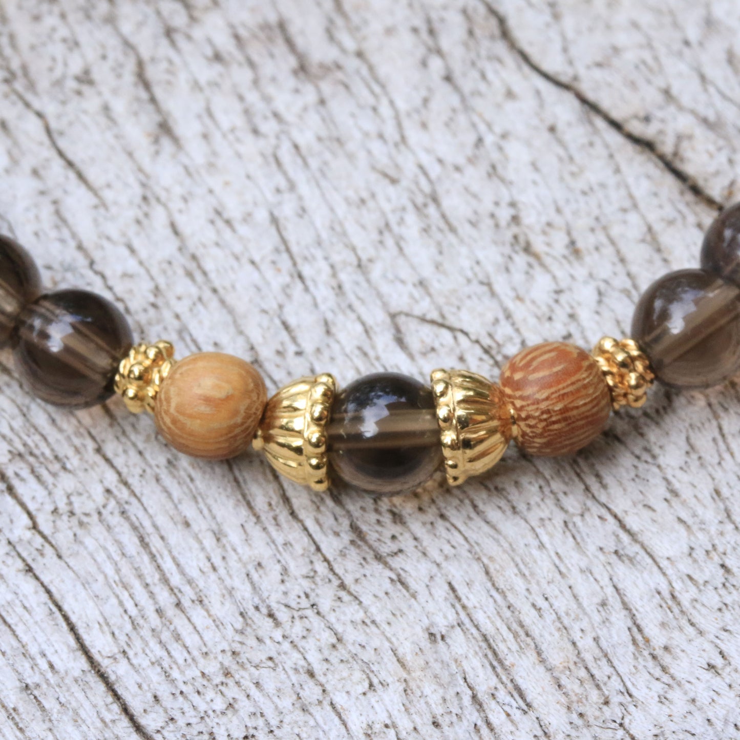 Batuan Tune Smoky Quartz Beaded Stretch Bracelet with Wood Accents