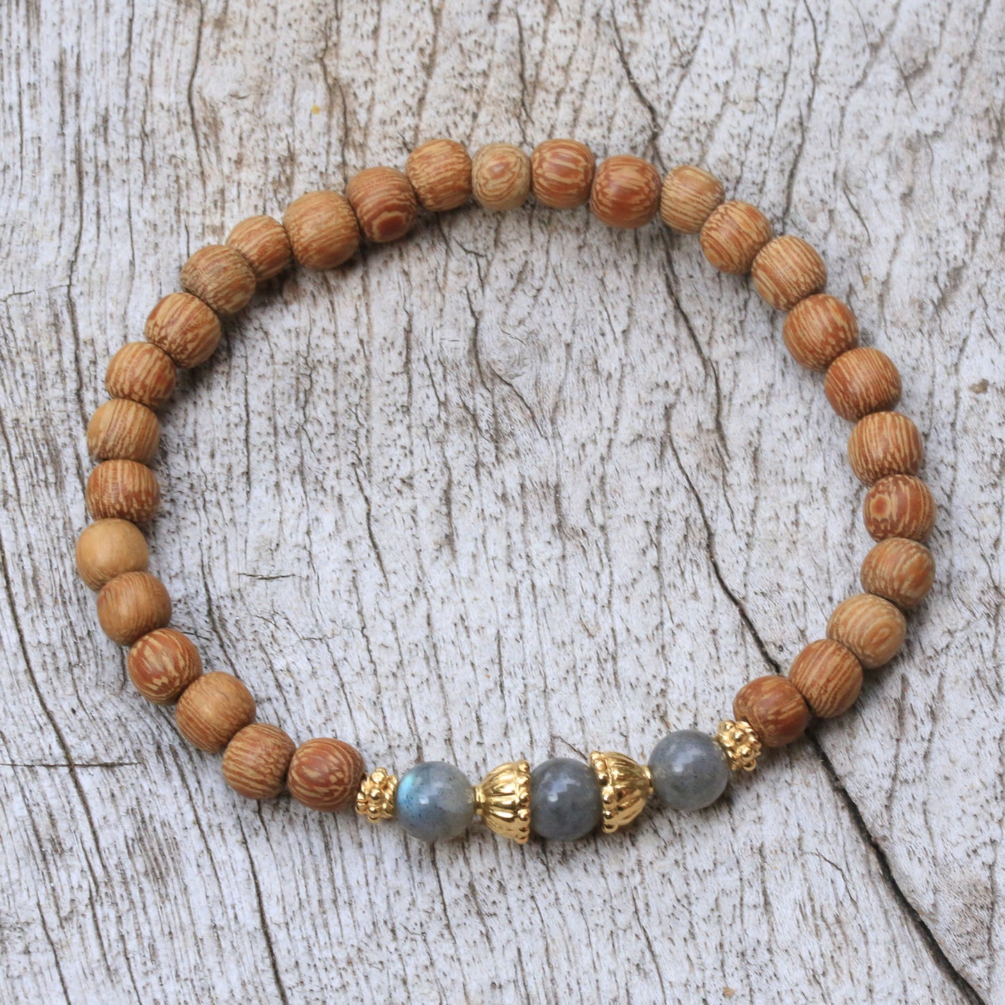 Batuan Harmony Coconut Wood and Labradorite Beaded Stretch Bracelet