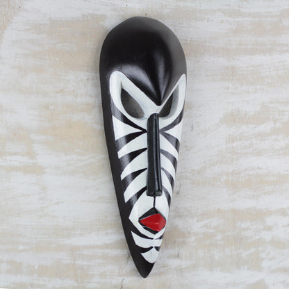 Love Stripes Handcrafted Wood African Mask in Black and White from Ghana