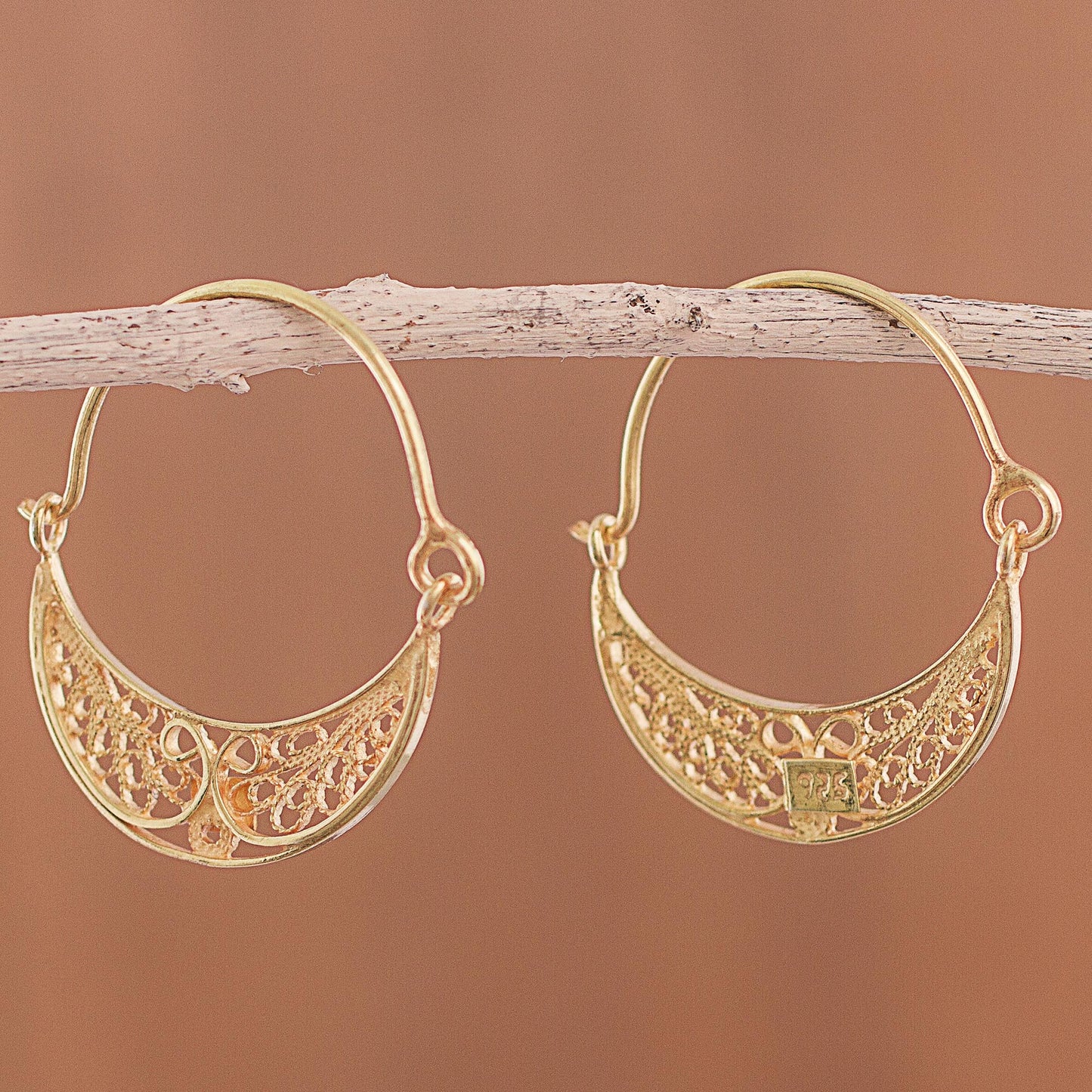 Gold Fiesta 24k Gold Plated Sterling Silver Filigree Hoop Earrings