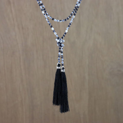 Festive Holiday in Black Agate Beaded Lariat Necklace in Black from Thailand