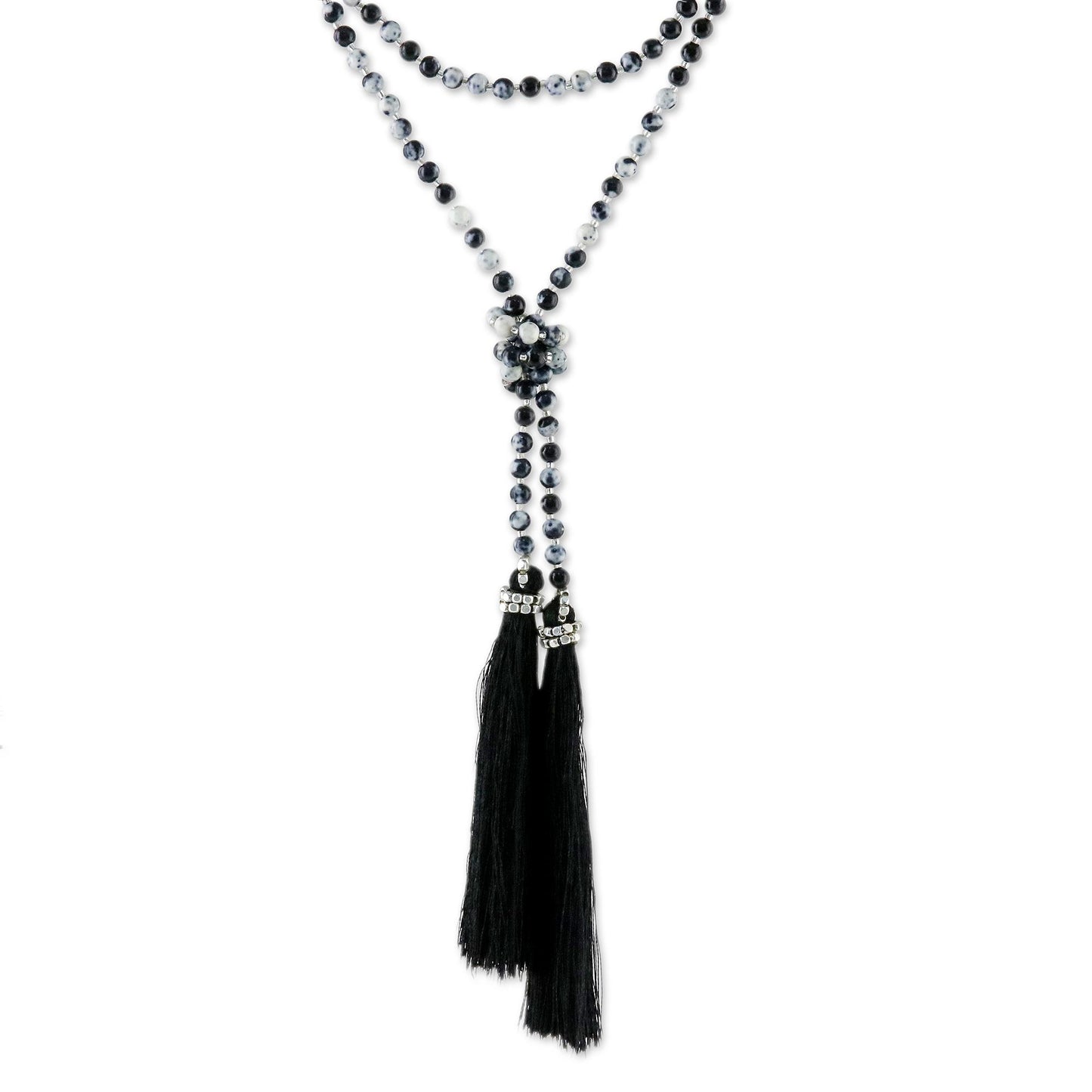 Festive Holiday in Black Agate Beaded Lariat Necklace in Black from Thailand