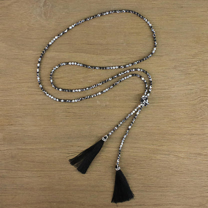 Festive Holiday in Black Agate Beaded Lariat Necklace in Black from Thailand