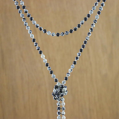 Festive Holiday in Black Agate Beaded Lariat Necklace in Black from Thailand