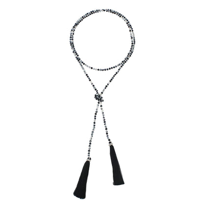 Festive Holiday in Black Agate Beaded Lariat Necklace in Black from Thailand