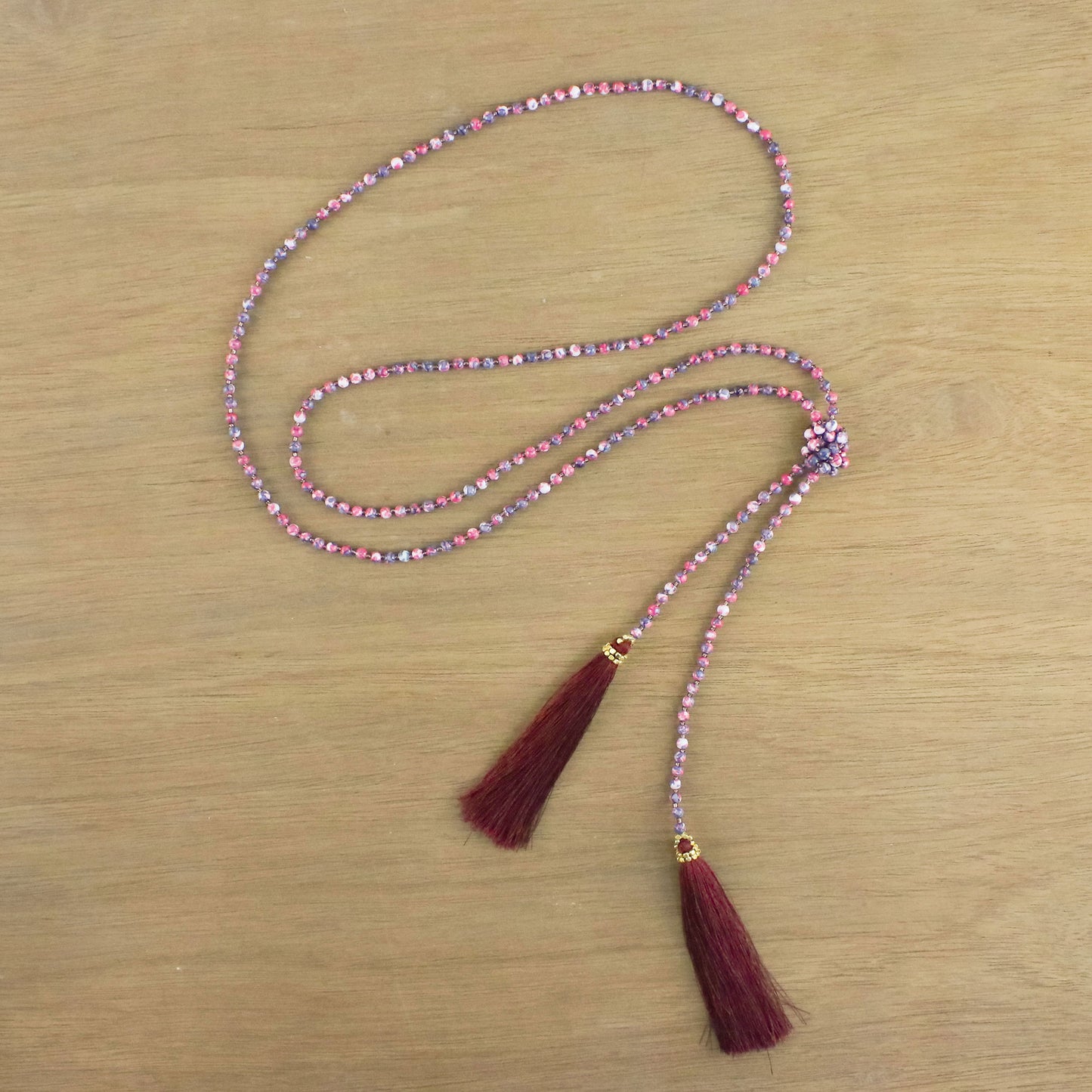 Festive Holiday in Dark Red Agate Beaded Lariat Necklace in Dark Red from Thailand