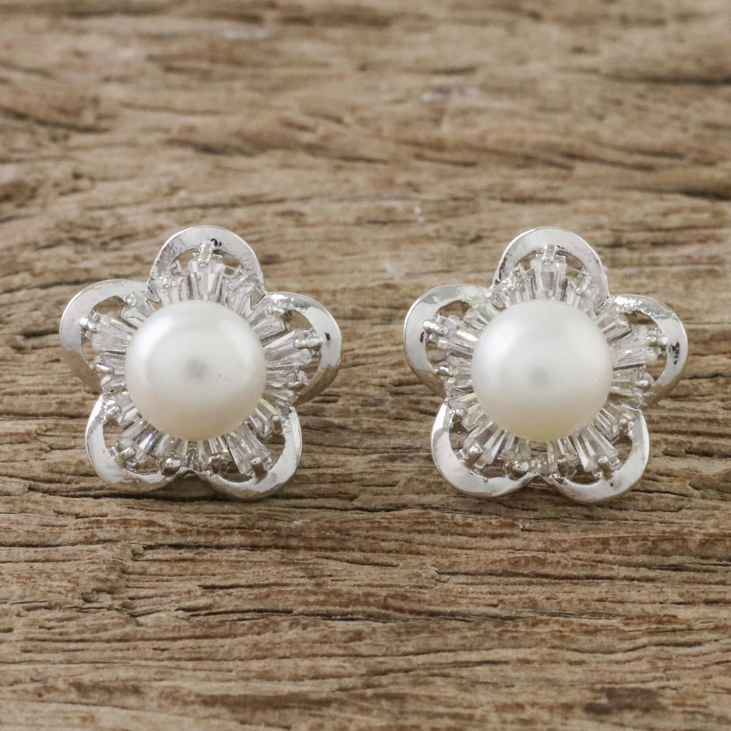 Starflower of the Sea Cultured Pearl Rhodium-Plated Brass Flower Button Earrings