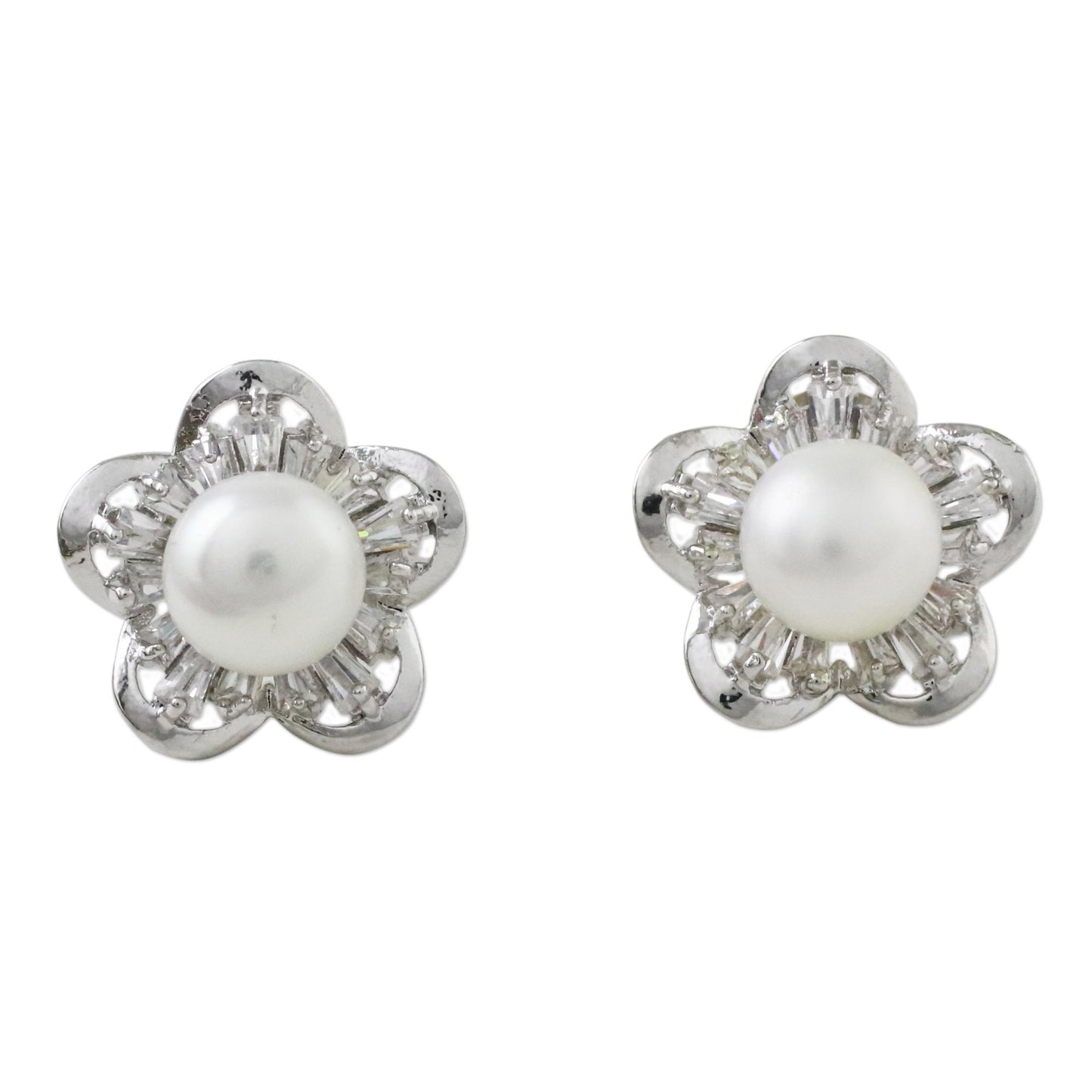 Starflower of the Sea Cultured Pearl Rhodium-Plated Brass Flower Button Earrings