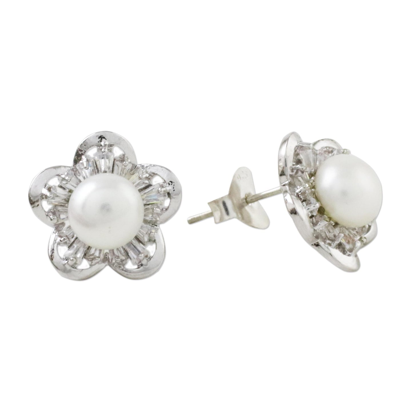 Starflower of the Sea Cultured Pearl Rhodium-Plated Brass Flower Button Earrings