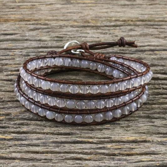 Spring Fog Chalcedony and Leather Beaded Wrap Bracelet from Thailand