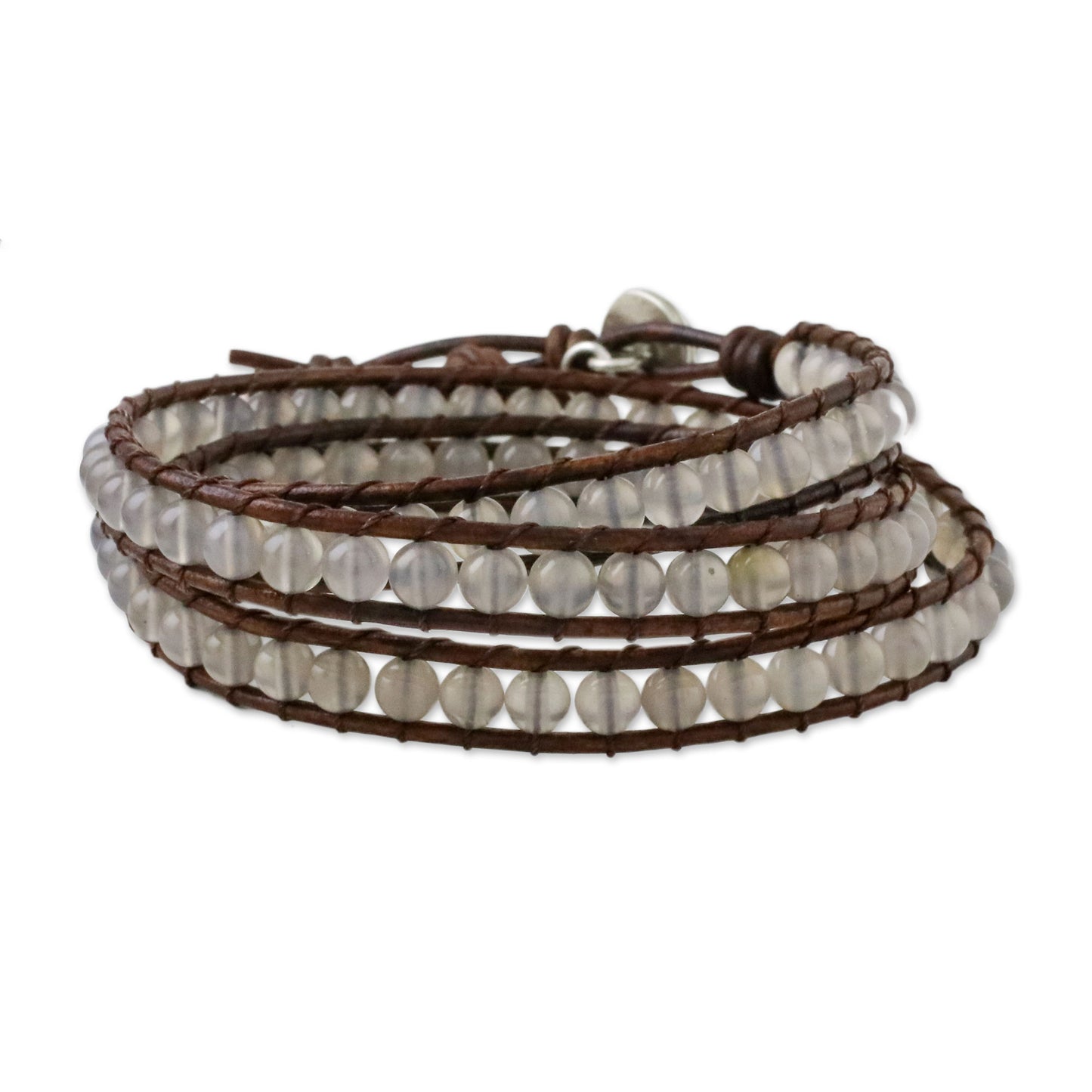 Spring Fog Chalcedony and Leather Beaded Wrap Bracelet from Thailand