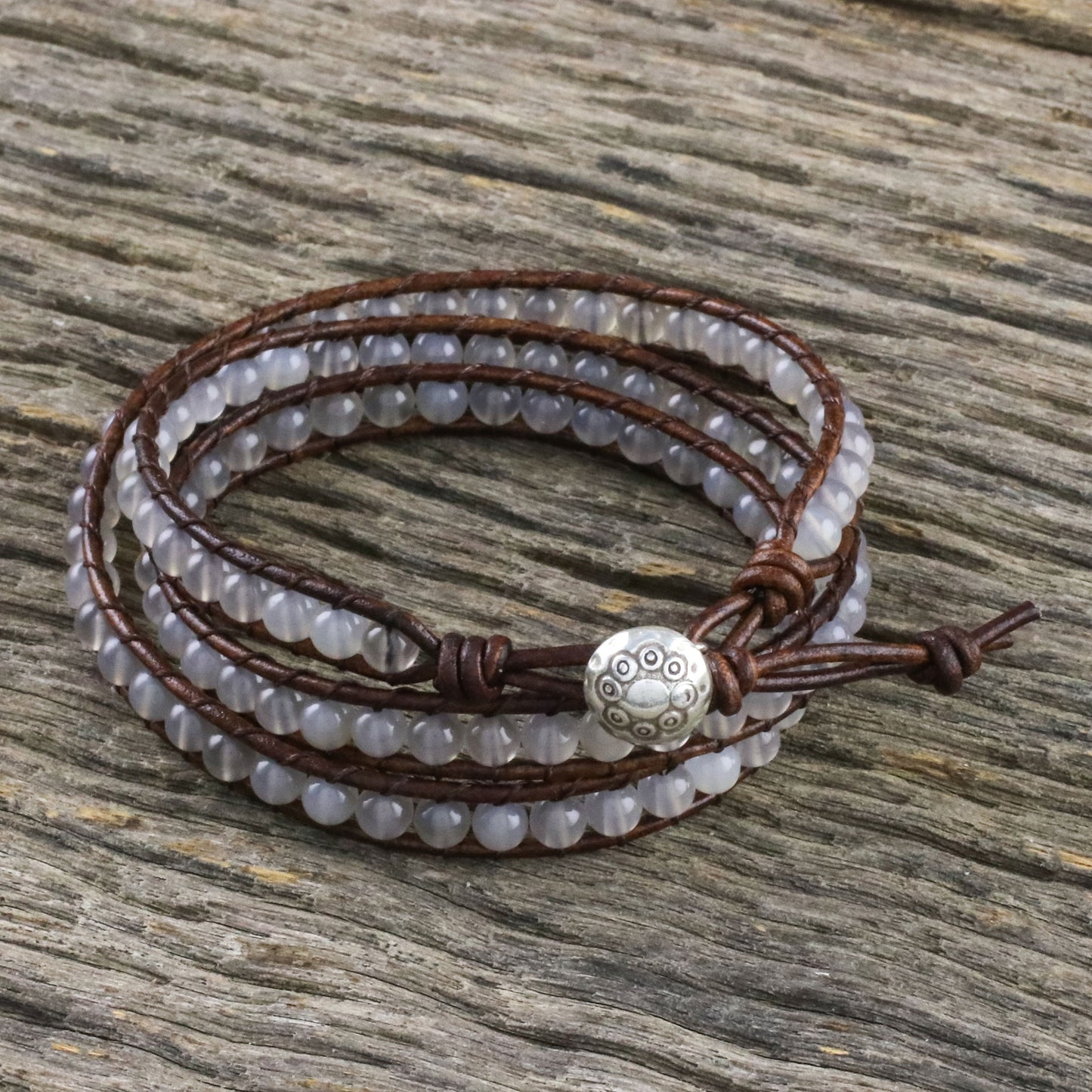 Spring Fog Chalcedony and Leather Beaded Wrap Bracelet from Thailand