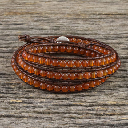 Spring Fire Carnelian and Leather Beaded Wrap Bracelet from Thailand