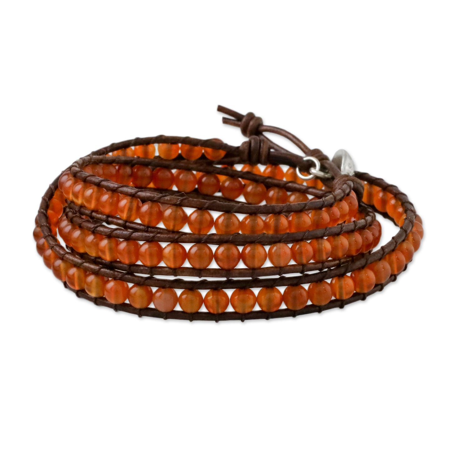 Spring Fire Carnelian and Leather Beaded Wrap Bracelet from Thailand