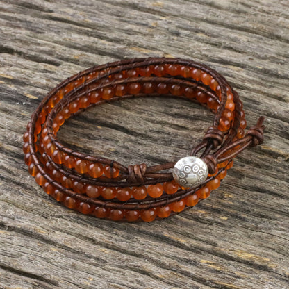 Spring Fire Carnelian and Leather Beaded Wrap Bracelet from Thailand