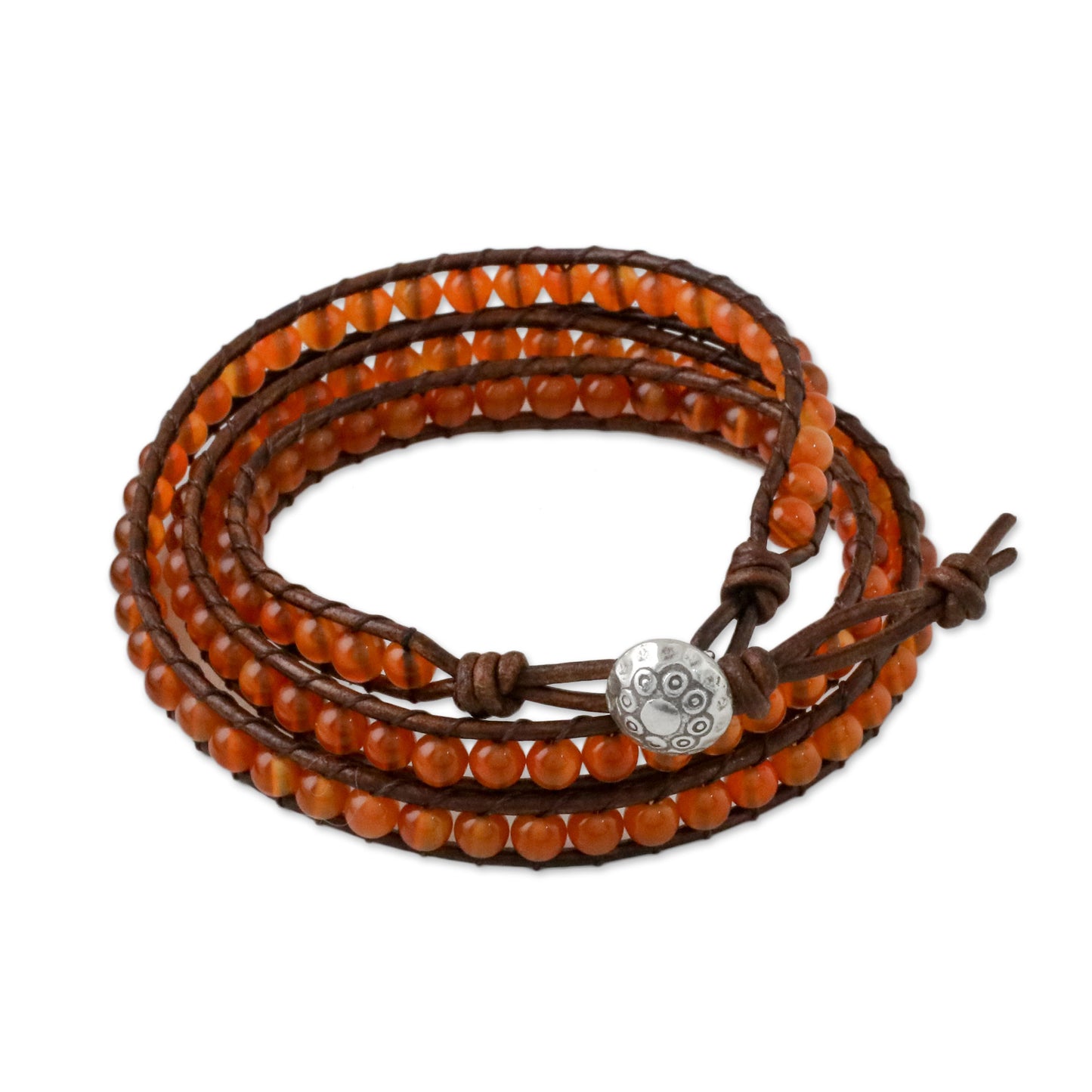 Spring Fire Carnelian and Leather Beaded Wrap Bracelet from Thailand