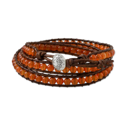 Spring Fire Carnelian and Leather Beaded Wrap Bracelet from Thailand