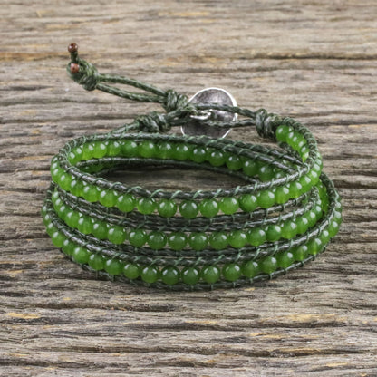 Spring Meadow Green Quartz and Leather Beaded Wrap Bracelet from Thailand