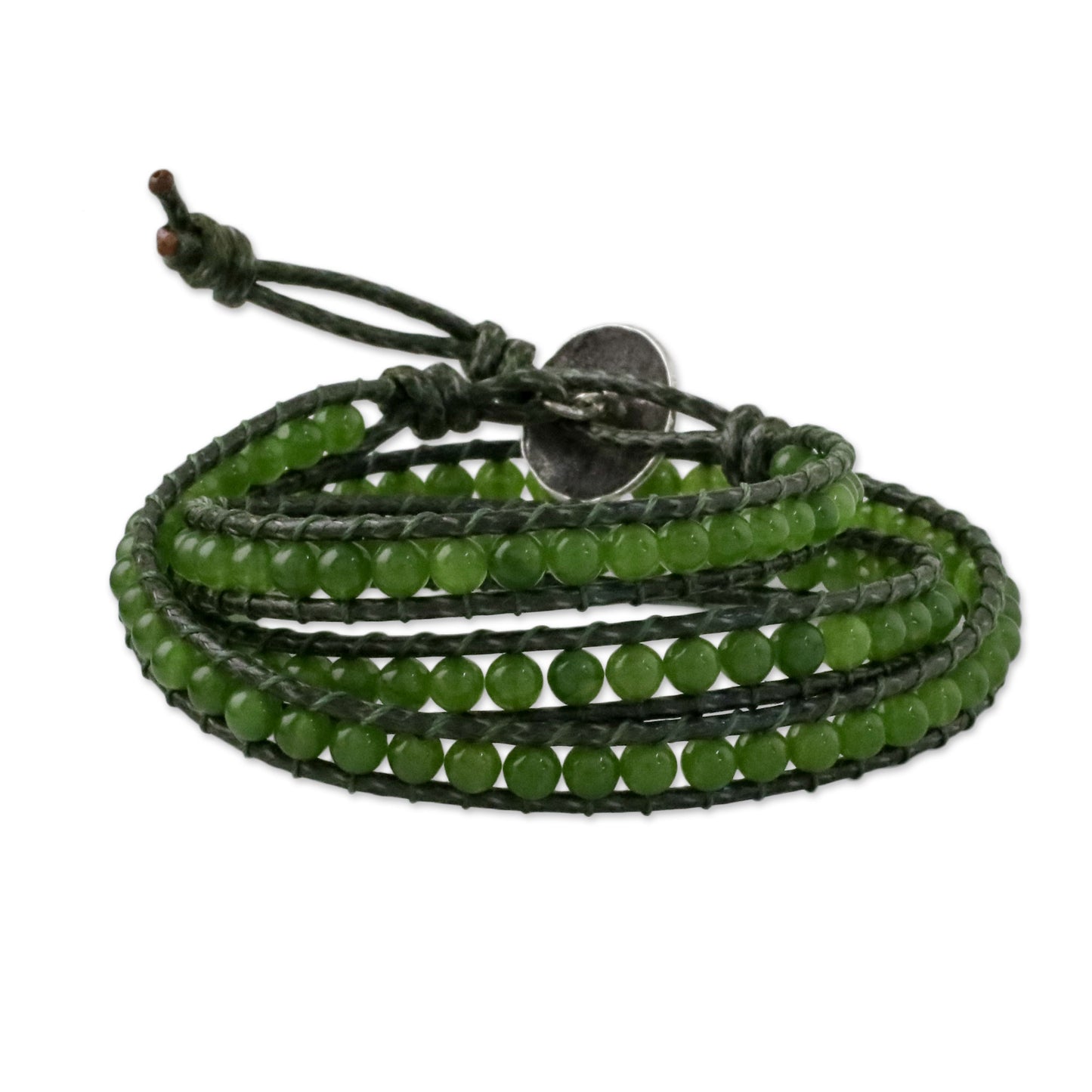 Spring Meadow Green Quartz and Leather Beaded Wrap Bracelet from Thailand