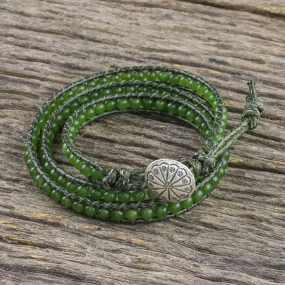 Spring Meadow Green Quartz and Leather Beaded Wrap Bracelet from Thailand