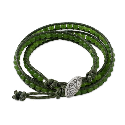 Spring Meadow Green Quartz and Leather Beaded Wrap Bracelet from Thailand