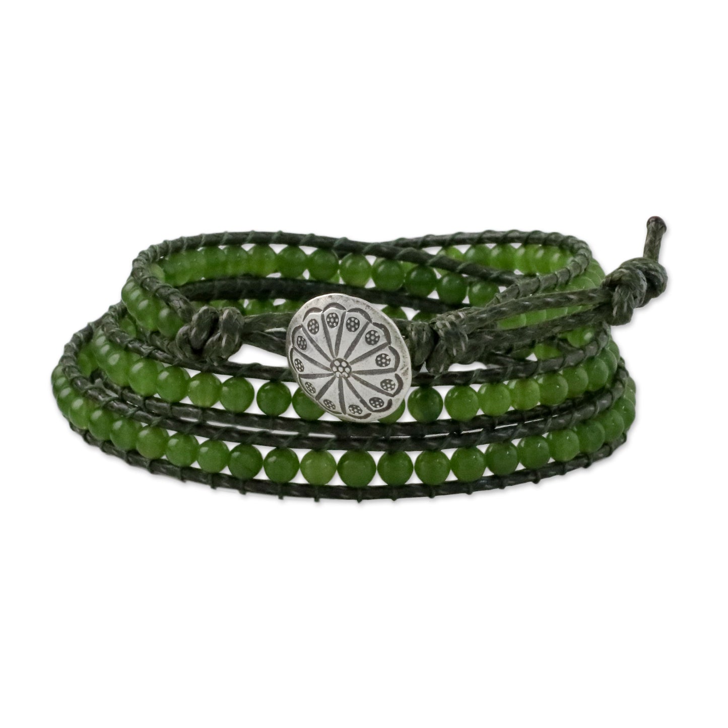 Spring Meadow Green Quartz and Leather Beaded Wrap Bracelet from Thailand