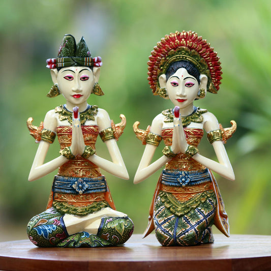 Balinese Bride and Groom Balinese Bride and Groom Handcrafted Wood Sculptures (Pair)