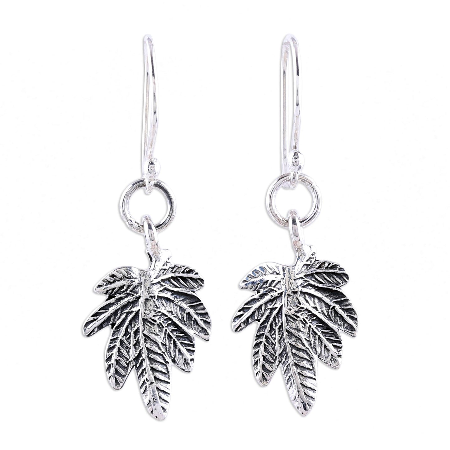 Fancy Foliage Sterling Silver Textured Leaves Dangle Earrings from India