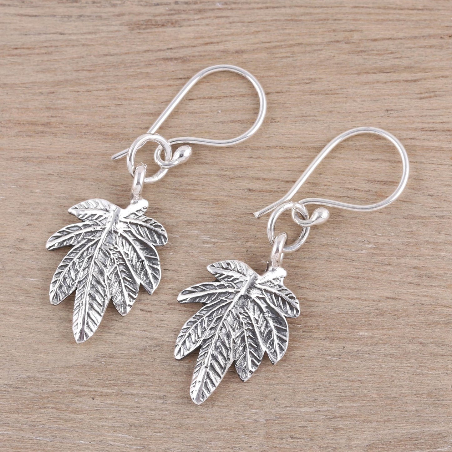 Fancy Foliage Sterling Silver Textured Leaves Dangle Earrings from India