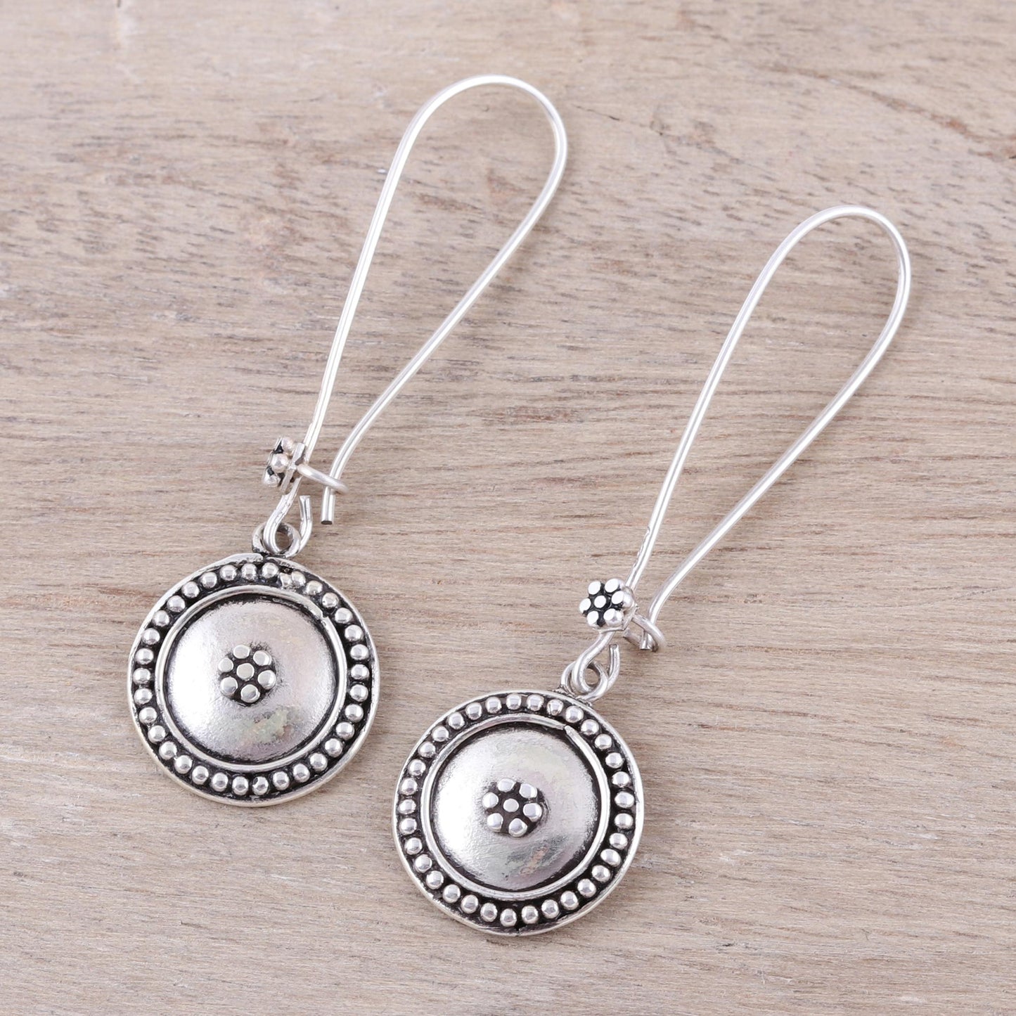 Floral Coin Sterling Silver Dotted Floral Medallion Dangle Earrings