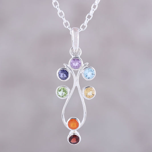 Wellspring of Energy Sterling Silver and Multi-Gemstone Chakra Pendant Necklace