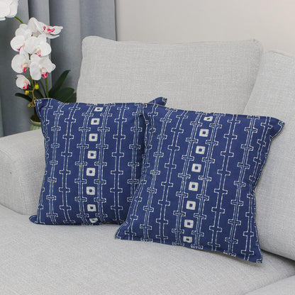 Indigo Chains Batik Cotton Cushion Covers in Indigo from Thailand (Pair)