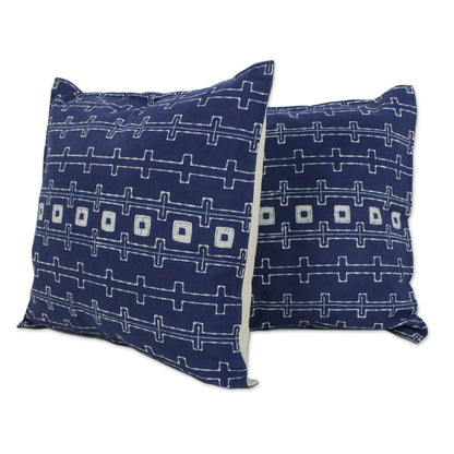 Indigo Chains Batik Cotton Cushion Covers in Indigo from Thailand (Pair)