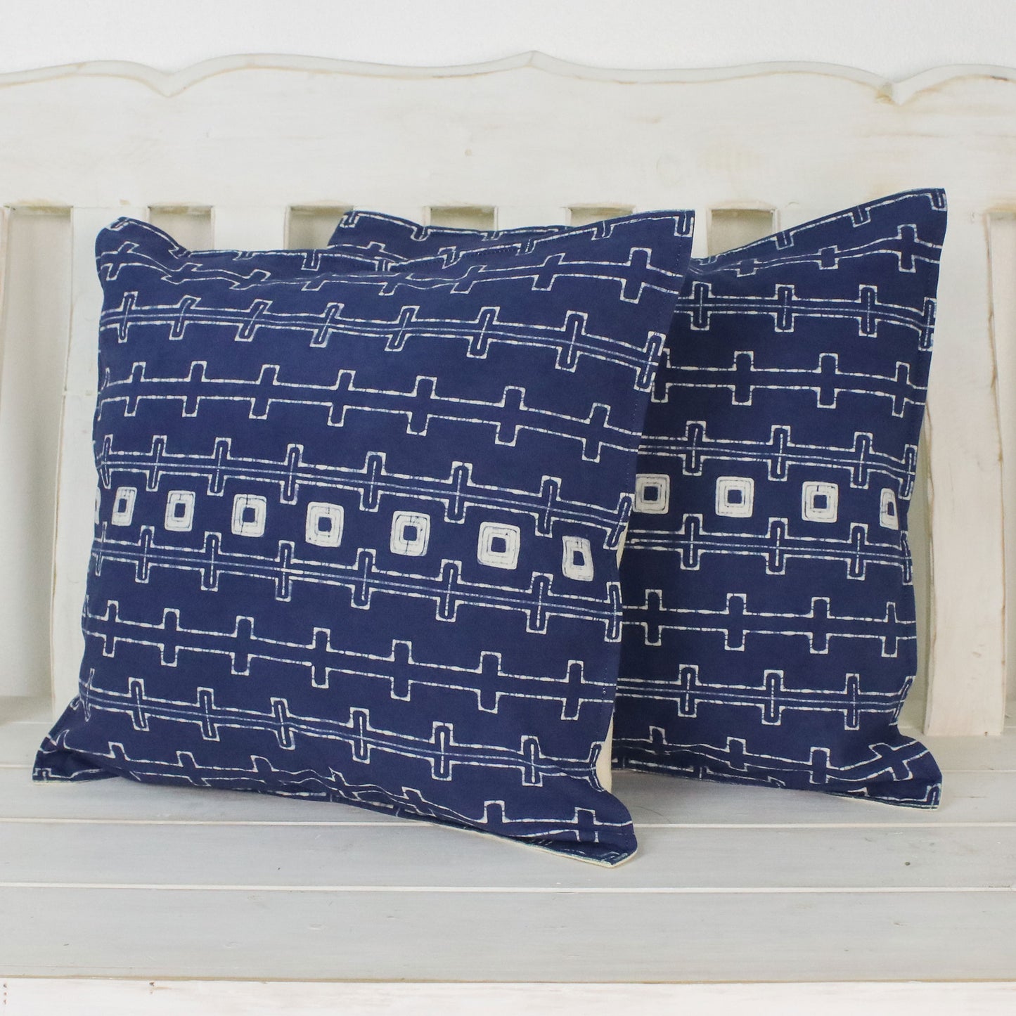 Indigo Chains Batik Cotton Cushion Covers in Indigo from Thailand (Pair)