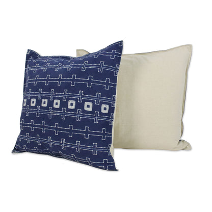 Indigo Chains Batik Cotton Cushion Covers in Indigo from Thailand (Pair)