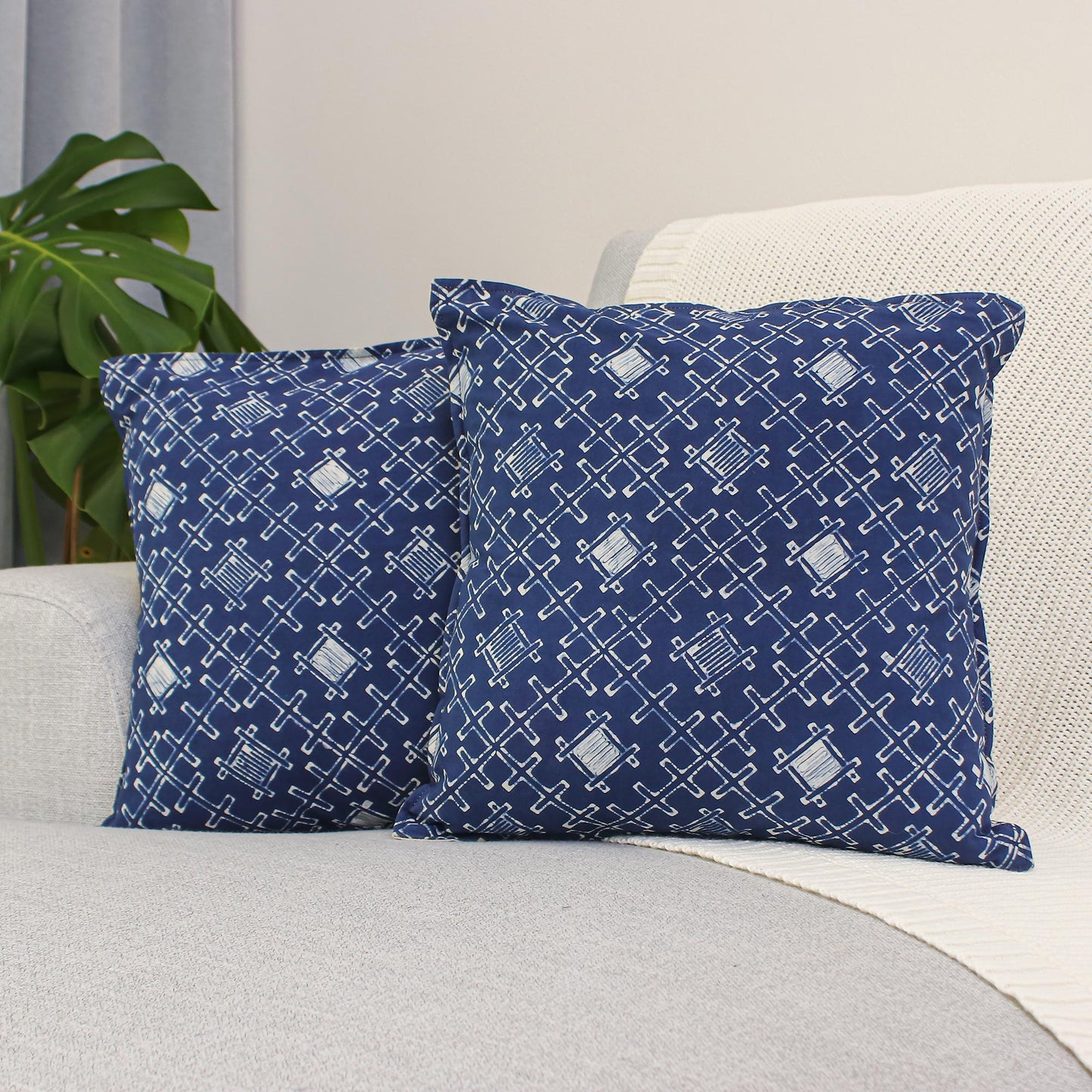 Indigo Thatch Batik Cotton Cushion Covers with Thatch Motifs (Pair)