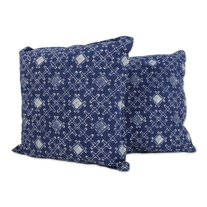 Indigo Thatch Batik Cotton Cushion Covers with Thatch Motifs (Pair)