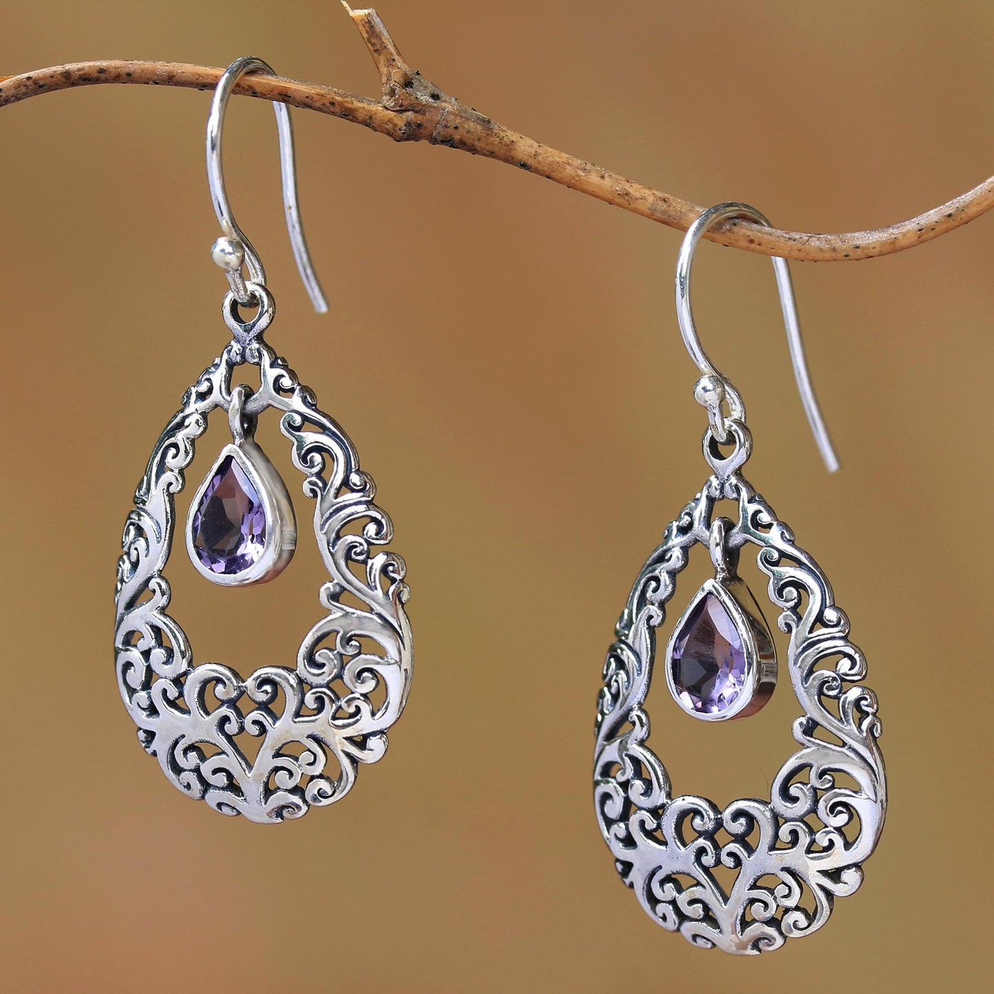 Curling Drops Amethyst Drop Dangle Earrings from Bali