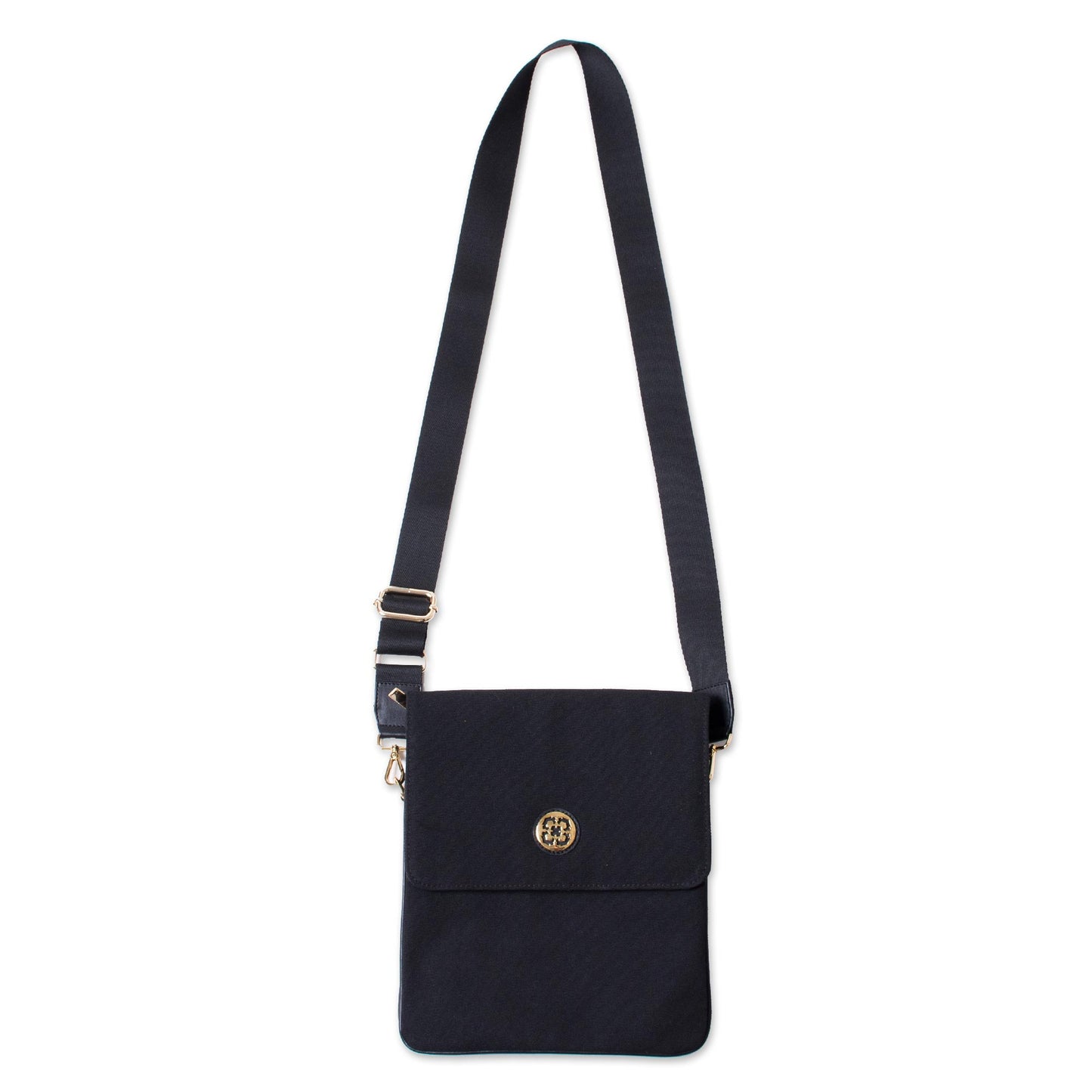 Dark and Elegant Leather Accent Cotton Handbag in Black from Peru