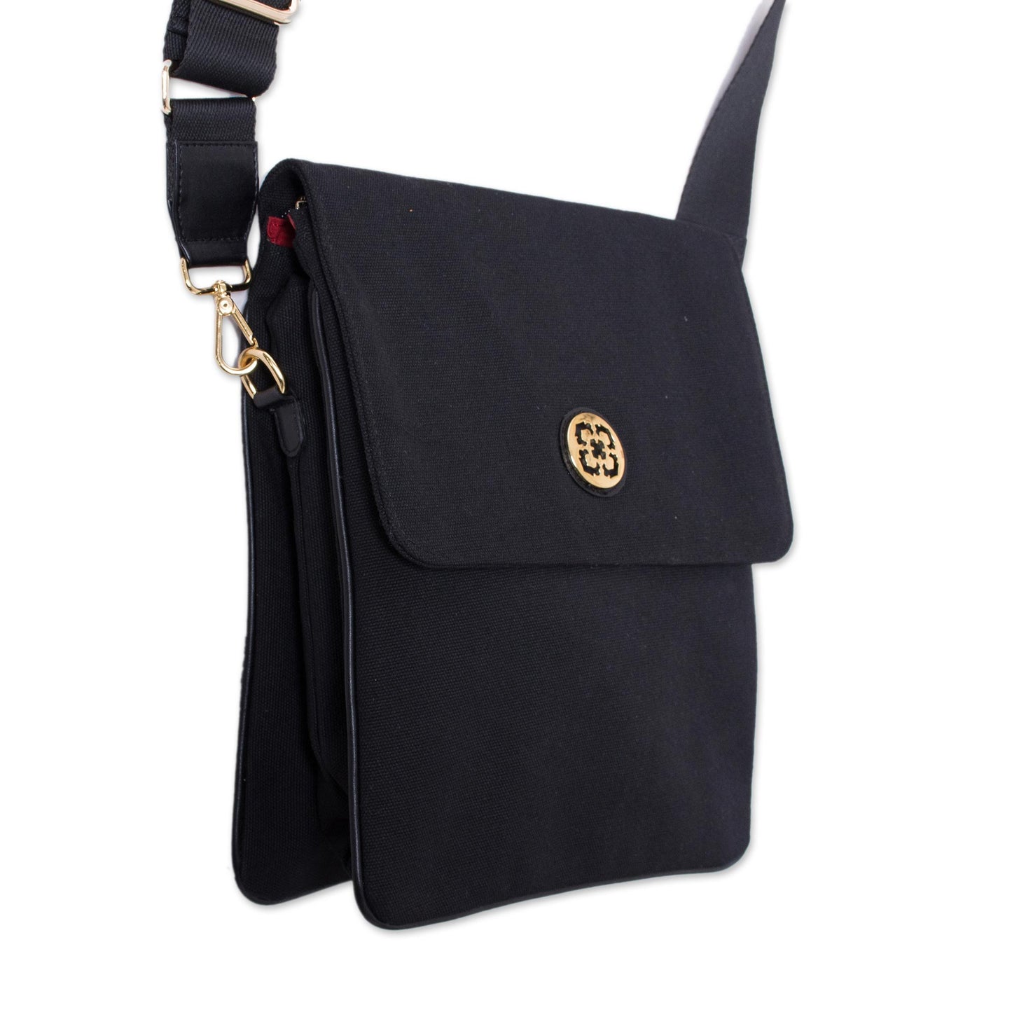 Dark and Elegant Leather Accent Cotton Handbag in Black from Peru