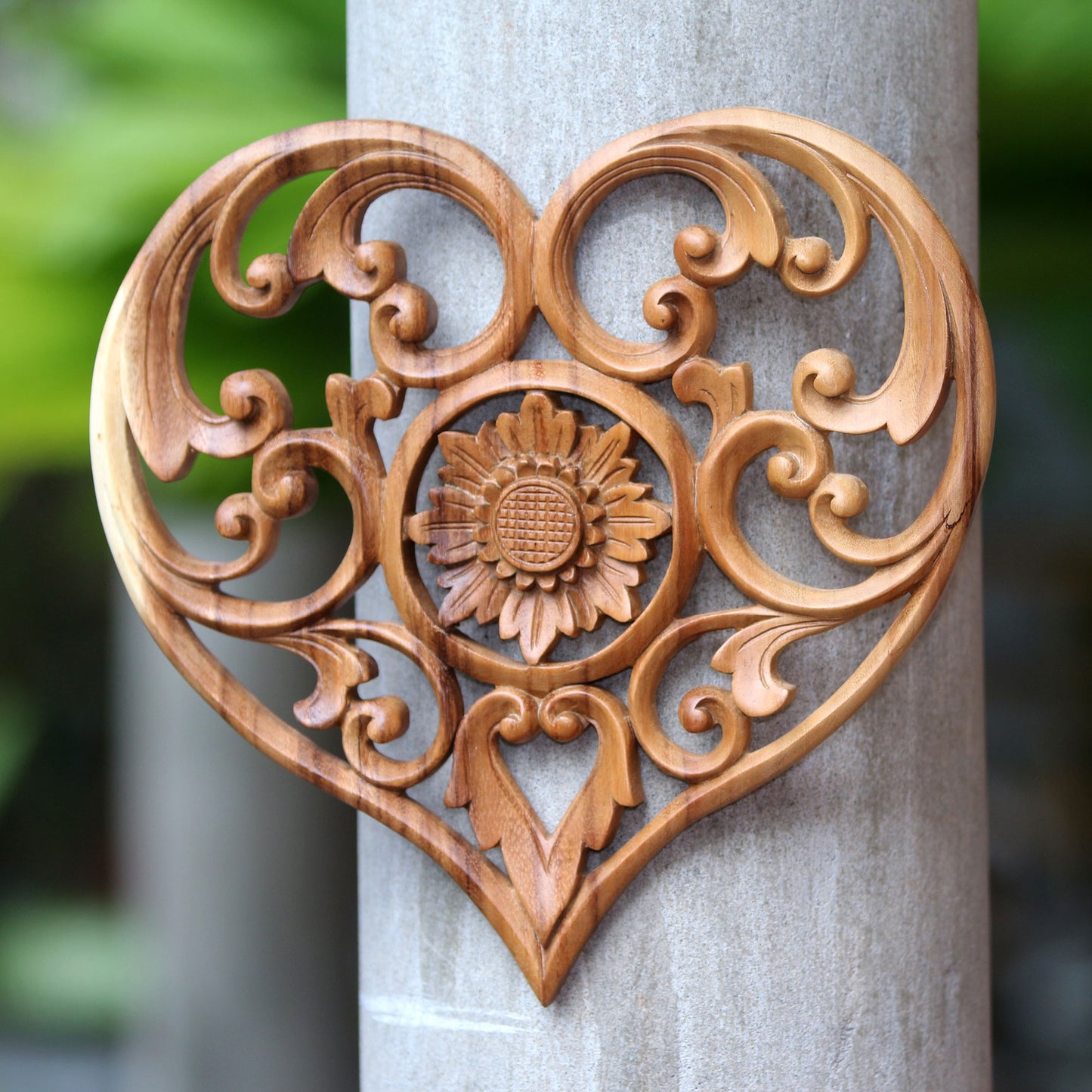 Lotus Love Hand-Carved Heart and Lotus Flower Wood Relief Panel