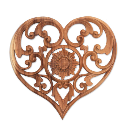 Lotus Love Hand-Carved Heart and Lotus Flower Wood Relief Panel