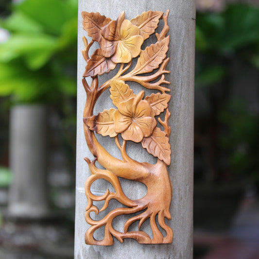 Hibiscus Branch Hand-Carved Rectangular Hibiscus Relief Panel for the Wall