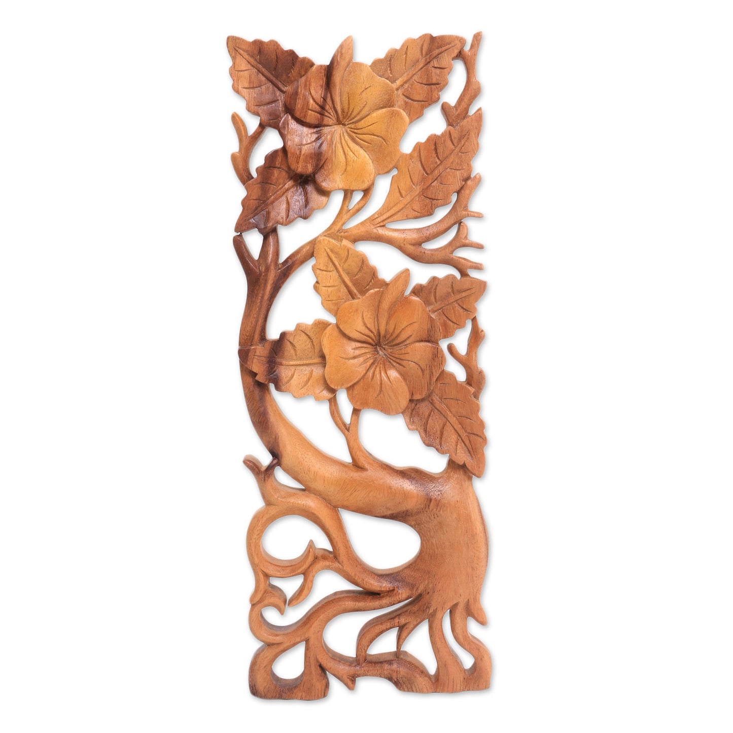 Hibiscus Branch Hand-Carved Rectangular Hibiscus Relief Panel for the Wall