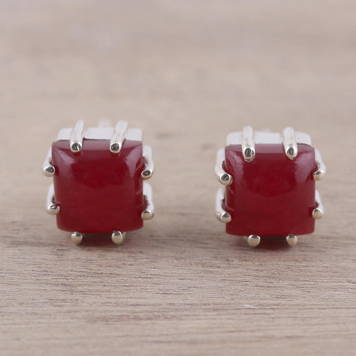 Brilliant Red Red Jasper and Sterling Silver Button Earrings from India