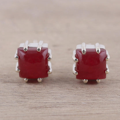 Brilliant Red Red Jasper and Sterling Silver Button Earrings from India