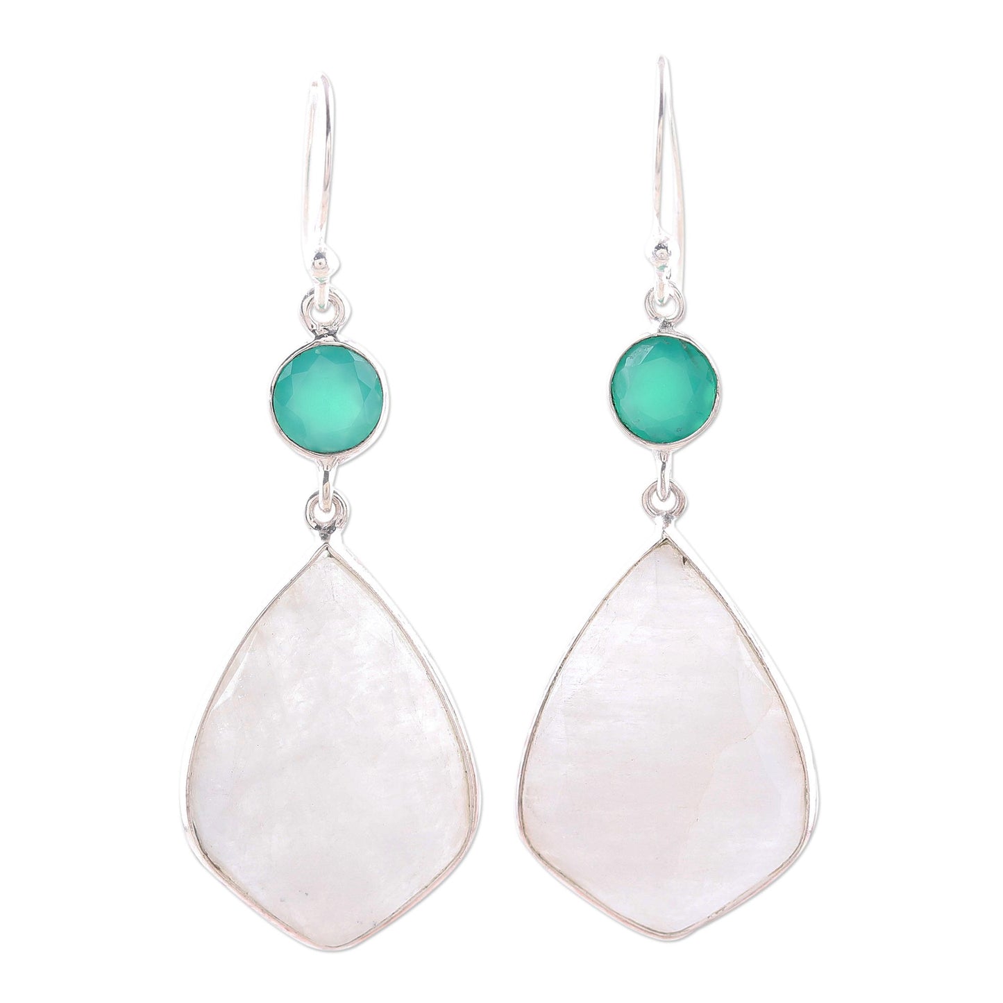 Misty Glen Rainbow Moonstone and Green Onyx Dangle Earrings from India