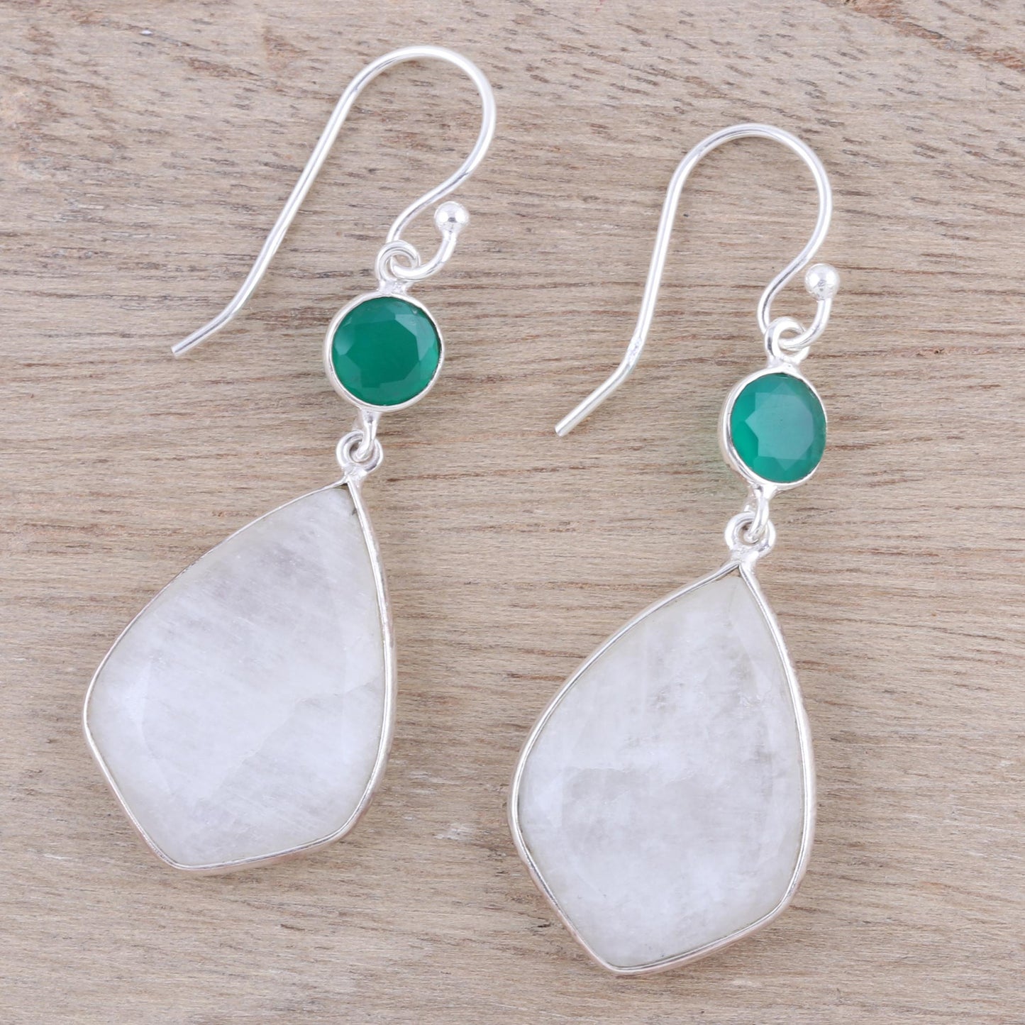 Misty Glen Rainbow Moonstone and Green Onyx Dangle Earrings from India