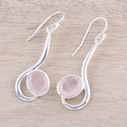 Cool Sabarmati Rose Quartz Ovals Set In Sterling Silver Arc Dangle Earrings
